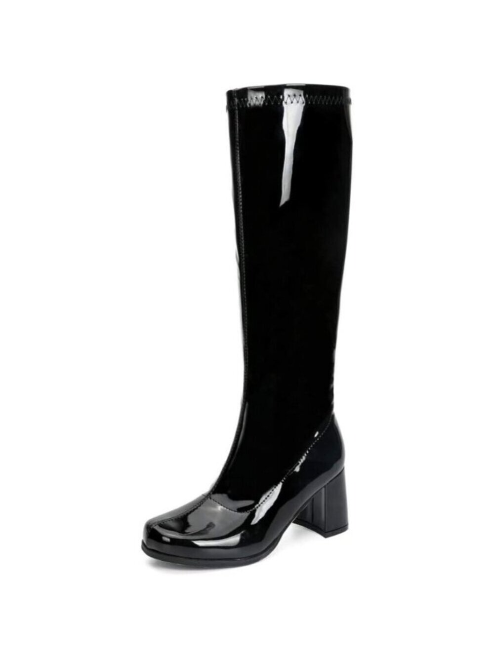 Women's Black Gogo Boots Knee High Block Heel Square Toe 60s 70s Disco Costume